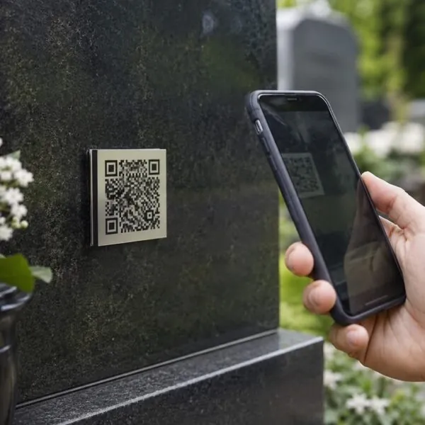 QR kód na náhrobku odkazujúci na spomienkovú stránku